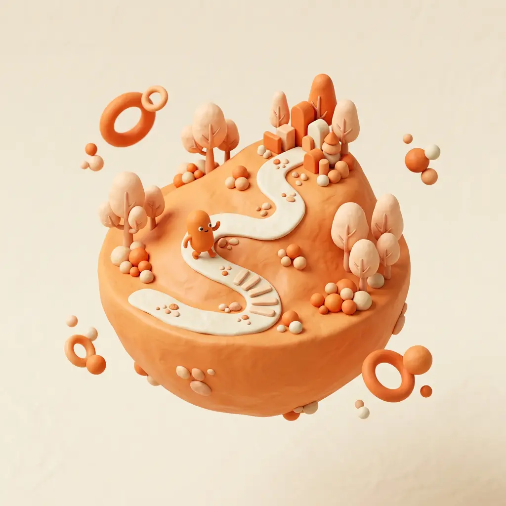 A playful miniature orange world with a winding path, trees, a game character and floating geometric shapes